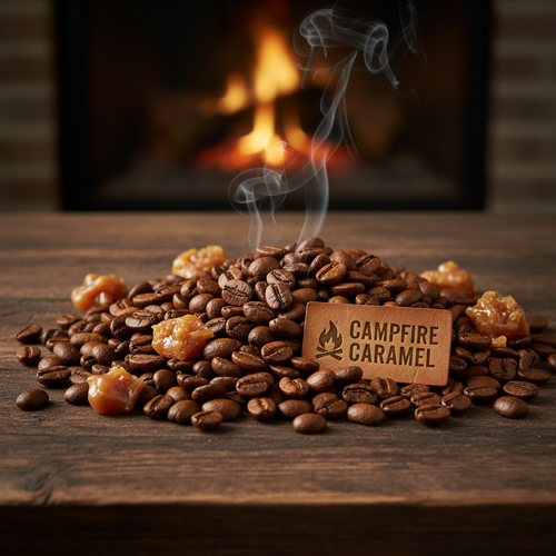 Campfire Caramel Coffee beans with warm caramel tones